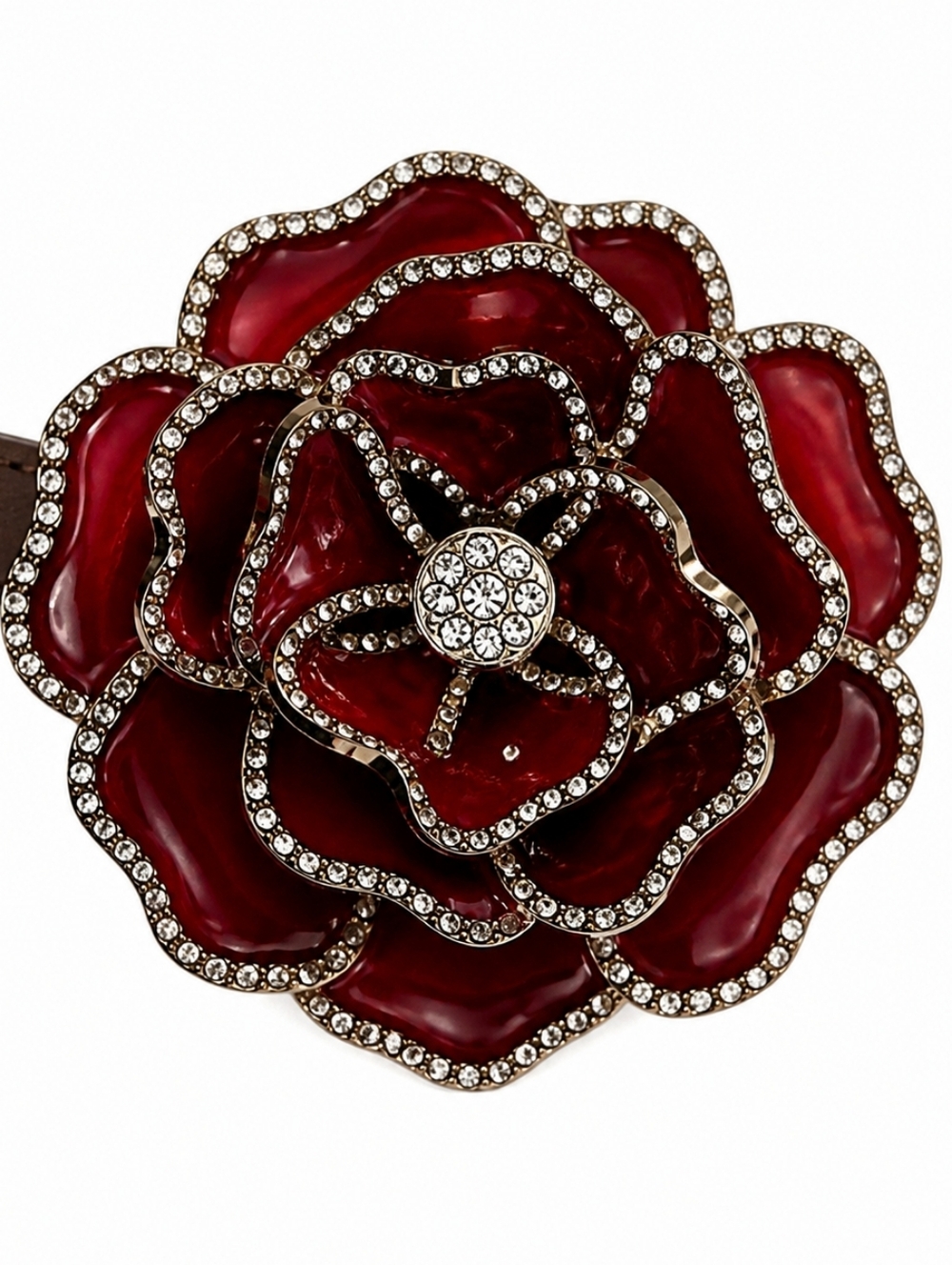 Ruby Red Rhinestone Floral Accent With Brown Tie Or Belt Strap